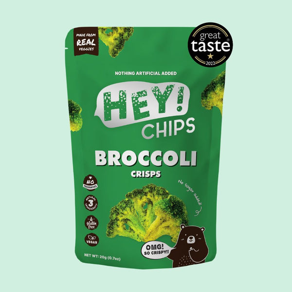 100% Natural Hey! Chips Broccoli which is Gluten-Free, Halal-Certified, Vegetarian, Vegan, Dairy-free