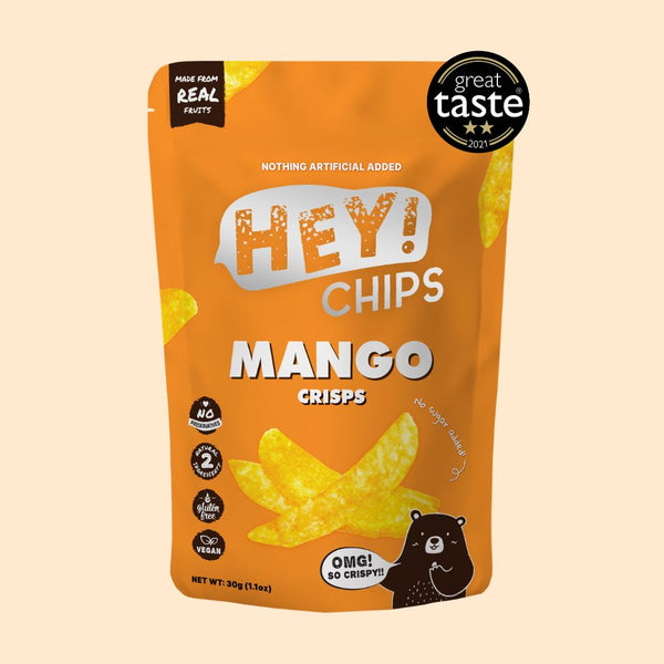100% Natural Hey! Chips Mango which is Gluten-Free, Halal-Certified, Vegetarian, Vegan, Dairy-free