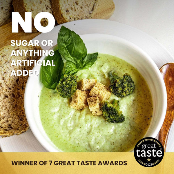 Green soup with Hey! Chips broccoli crisps, text stating 'No sugar or anything artificial,' and Great Taste 2022 badge with text 'Winner of 7 Great Taste Awards.'