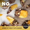 Hey! Chips mango crisps dipped in chocolate with crushed nuts, Great Taste 2021 badge, winner of 7 awards, with text: No sugar or anything artificial added.