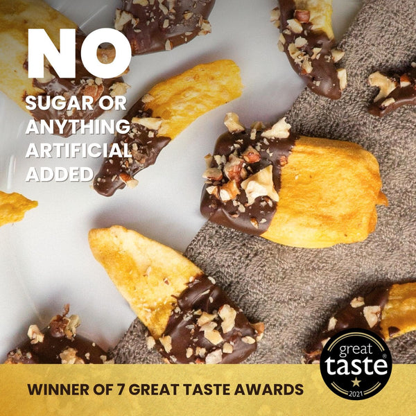 Hey! Chips mango crisps dipped in chocolate with crushed nuts, Great Taste 2021 badge, winner of 7 awards, with text: No sugar or anything artificial added.