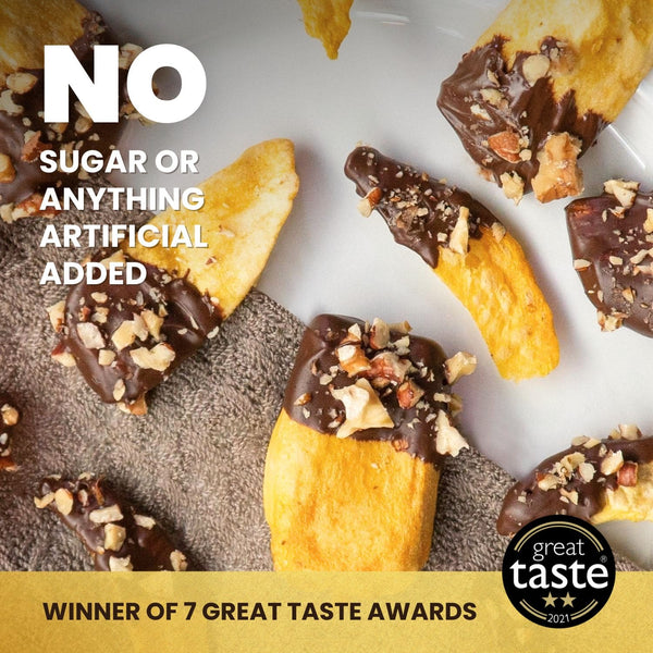 Hey! Chips mango crisps dipped in chocolate with crushed nuts, Great Taste 2021 badge, winner of 7 awards, with text: No sugar or anything artificial added.