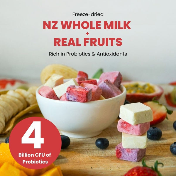 Hey! Chips Freeze-dried NZ whole milk and real fruits with probiotics on a wooden surface.