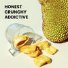 Hey! Chips jackfruit crisps scattered outside a glass mug with real jackfruit on the side with text Honest Crunchy Addictive.