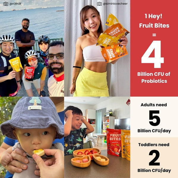 Collage of people enjoying Hey! Chips Fruit Bites with text about probiotics and consumption guidelines.