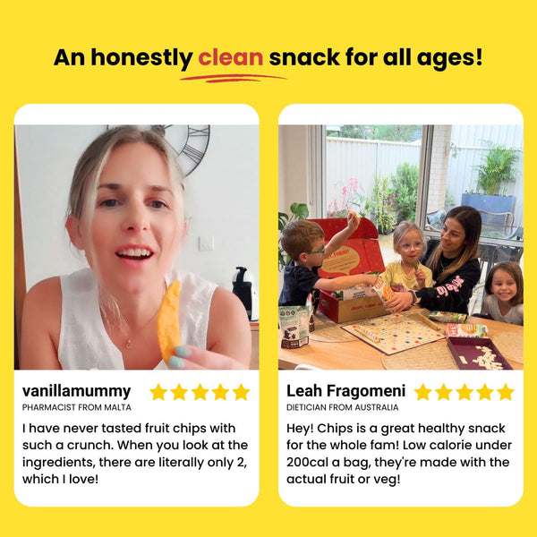 Pictures of vanillamummy and Leah Fragomeni with their testimonials on how much they loved Hey! Chips, accompanied by 5-star ratings.
