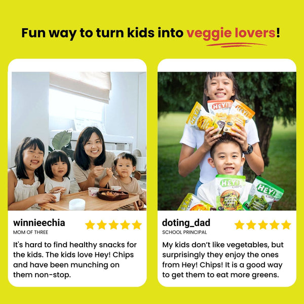 Pictures of winnieechia and doting_dad with their testimonials on how much they loved Hey! Chips, accompanied by 5-star ratings.