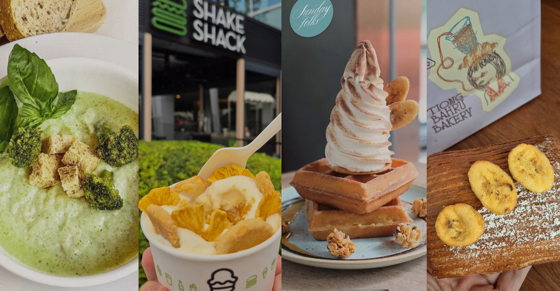 Collage of food items including a green dish, ice cream, waffles, and bananas with a Shake Shack sign in the background with Hey! Chips.