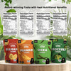 Four packs of HEY! Chips with nutrition facts displayed above them on a wooden surface with a green leafy background.
