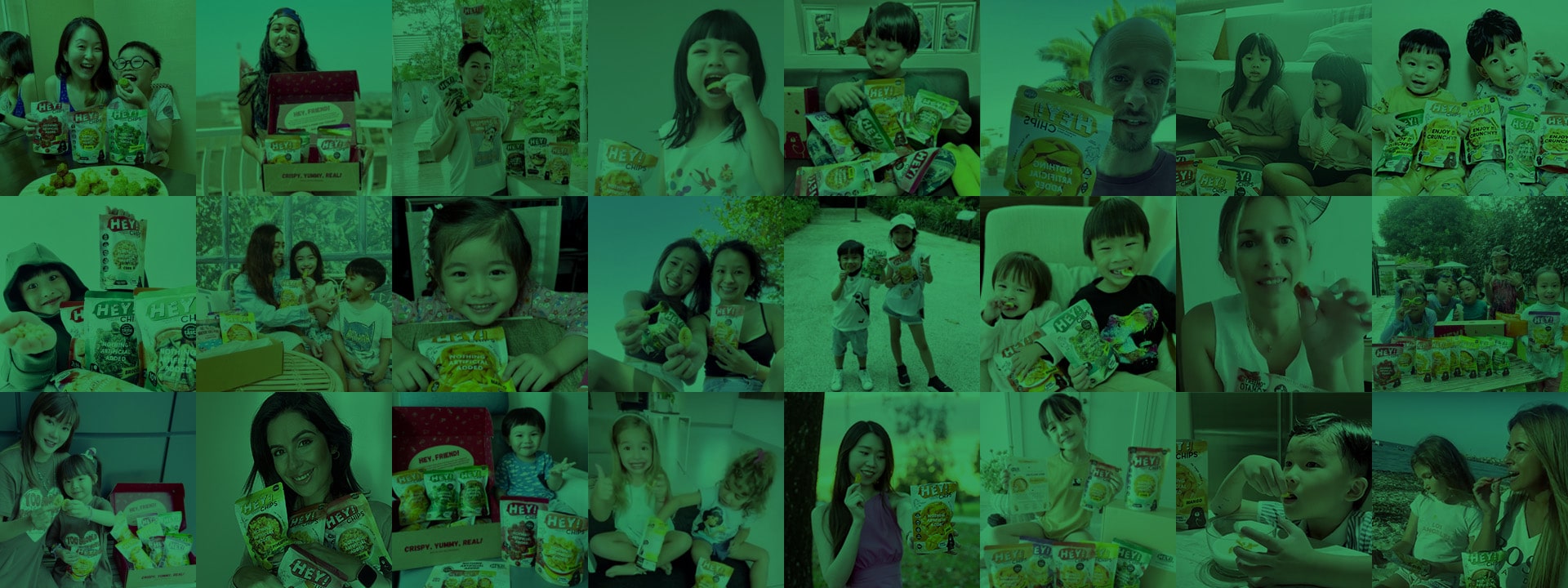 Collage of people of different ages enjoying Hey! Chips products on a green overlay background.