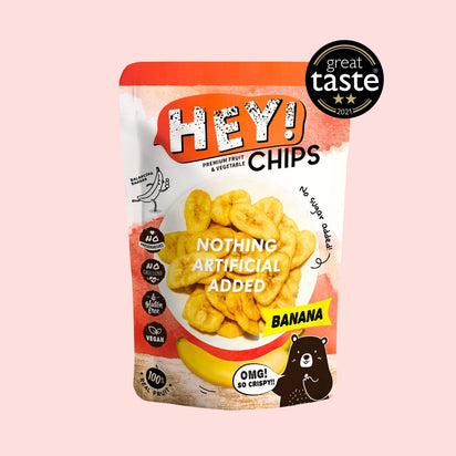 100% Natural Hey! Chips Banana which is Gluten-Free, Halal-Certified, Vegetarian, Vegan, Dairy-free