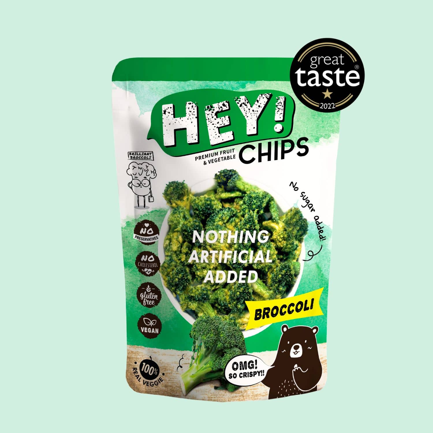 100% Natural Hey! Chips Broccoli which is Gluten-Free, Halal-Certified, Vegetarian, Vegan, Dairy-free