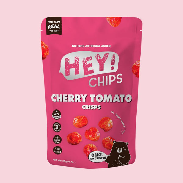 100% Natural Hey! Chips Cherry Tomato which is Gluten-Free, Halal-Certified, Vegetarian, Vegan, Dairy-free