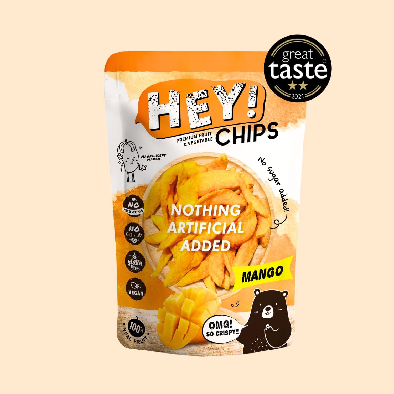 100% Natural Hey! Chips Mango which is Gluten-Free, Halal-Certified, Vegetarian, Vegan, Dairy-free