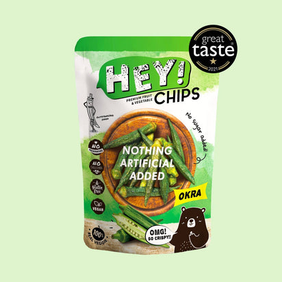 100% Natural Hey! Chips Okra which is Gluten-Free, Halal-Certified, Vegetarian, Vegan, Dairy-free