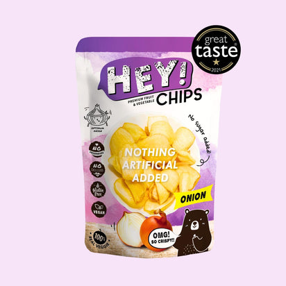 100% Natural Hey! Chips Onion which is Gluten-Free, Halal-Certified, Vegetarian, Vegan, Dairy-free