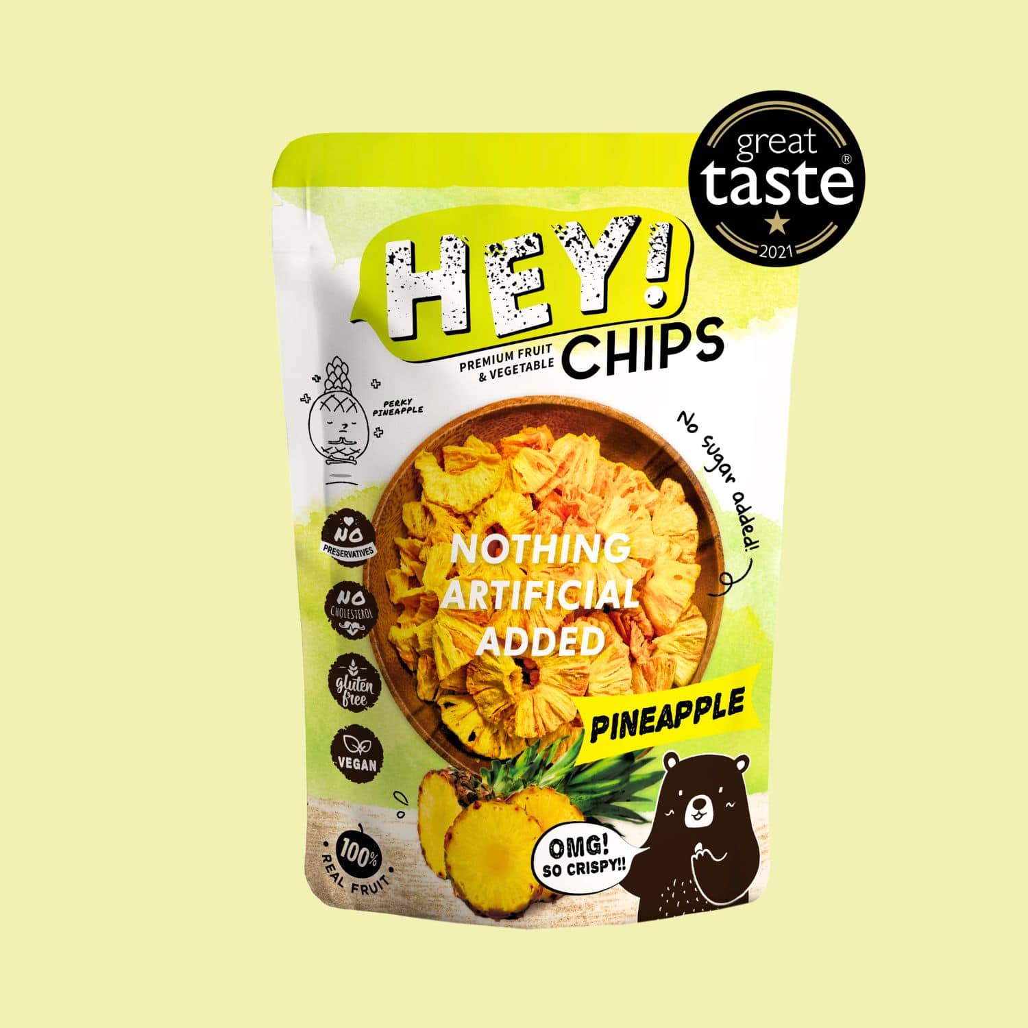 100% Natural Hey! Chips Pineapple which is Gluten-Free, Halal-Certified, Vegetarian, Vegan, Dairy-free