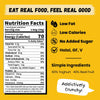 Nutrition facts label with health benefits on a yellow background of Hey! Chips Mango Banana Fruit Bites (20g)