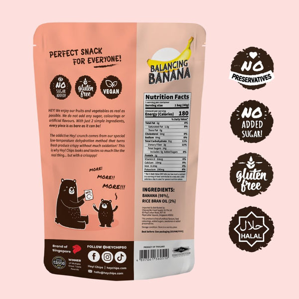 100% Natural Hey! Chips Banana which is Gluten-Free, Halal-Certified, Vegetarian, Vegan, Dairy-free