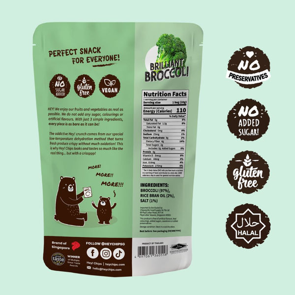100% Natural Hey! Chips Broccoli which is Gluten-Free, Halal-Certified, Vegetarian, Vegan, Dairy-free