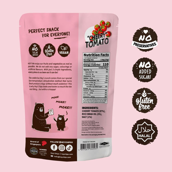 100% Natural Hey! Chips Cherry Tomato which is Gluten-Free, Halal-Certified, Vegetarian, Vegan, Dairy-free