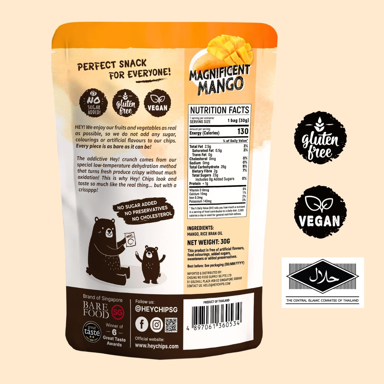 100% Natural Hey! Chips Mango which is Gluten-Free, Halal-Certified, Vegetarian, Vegan, Dairy-free
