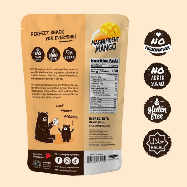 100% Natural Hey! Chips Mango which is Gluten-Free, Halal-Certified, Vegetarian, Vegan, Dairy-free