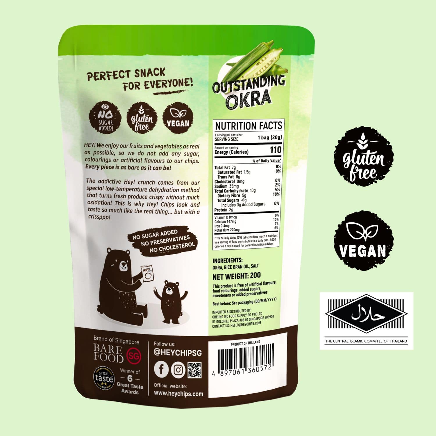 100% Natural Hey! Chips Okra which is Gluten-Free, Halal-Certified, Vegetarian, Vegan, Dairy-free