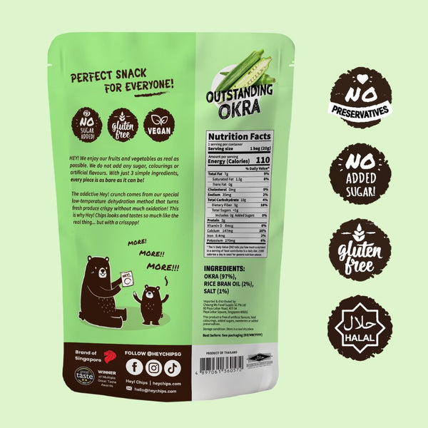 100% Natural Hey! Chips Okra which is Gluten-Free, Halal-Certified, Vegetarian, Vegan, Dairy-free
