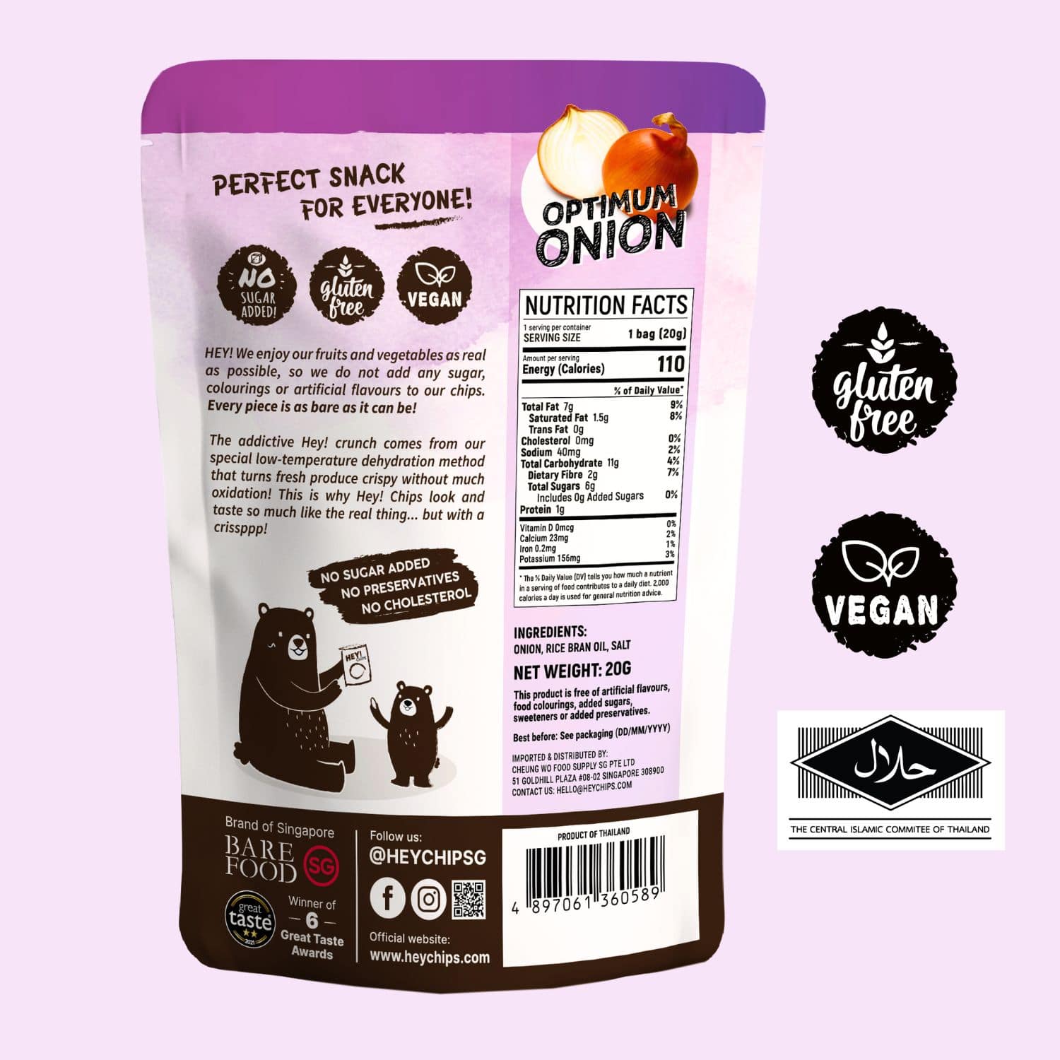 100% Natural Hey! Chips Onion which is Gluten-Free, Halal-Certified, Vegetarian, Vegan, Dairy-free