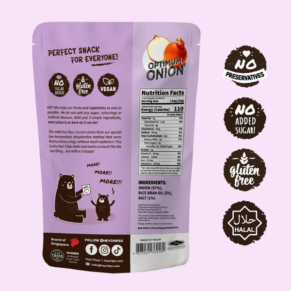 100% Natural Hey! Chips Onion which is Gluten-Free, Halal-Certified, Vegetarian, Vegan, Dairy-free