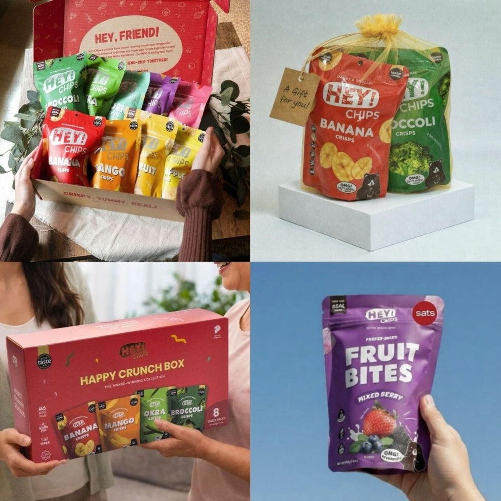 Collage of HEY! CHIPS and Fruit Bites packaging with people holding them.