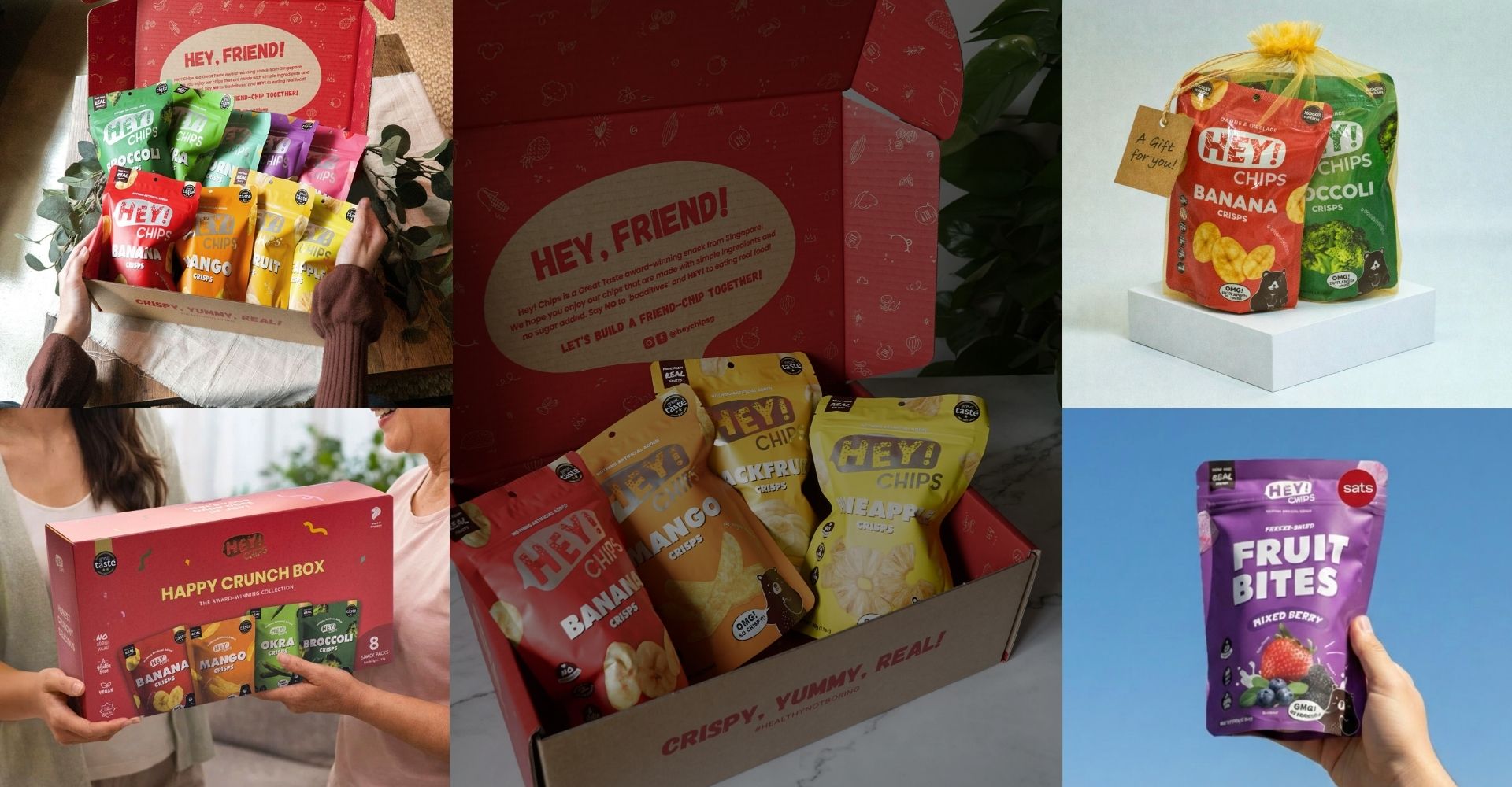 Collage of Hey! Chips boxes and individual snack packages with visible branding.