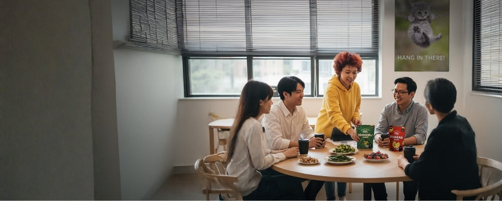 Group of people sitting around a table in a room with large windows with Hey! Chips on table.