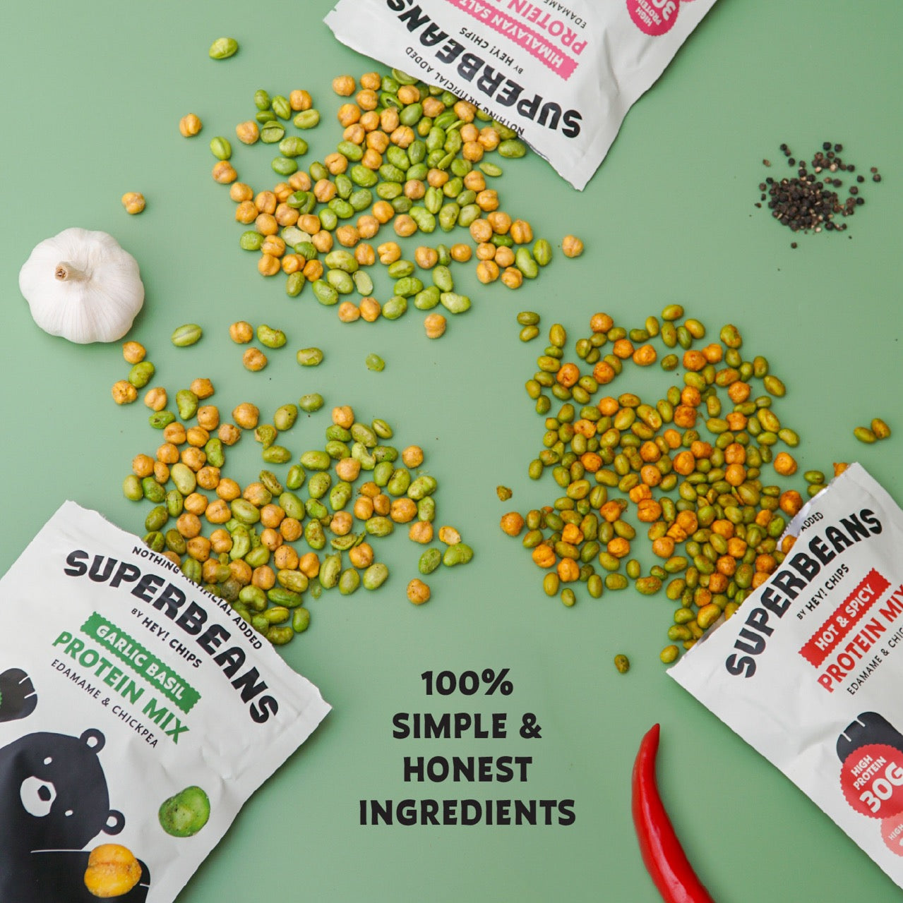 Superbeans protein mix with ingredients on a green background