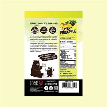 100% Natural Hey! Pineapple Chips which is Gluten-Free, Halal-Certified, Vegetarian, Vegan, Dairy-free